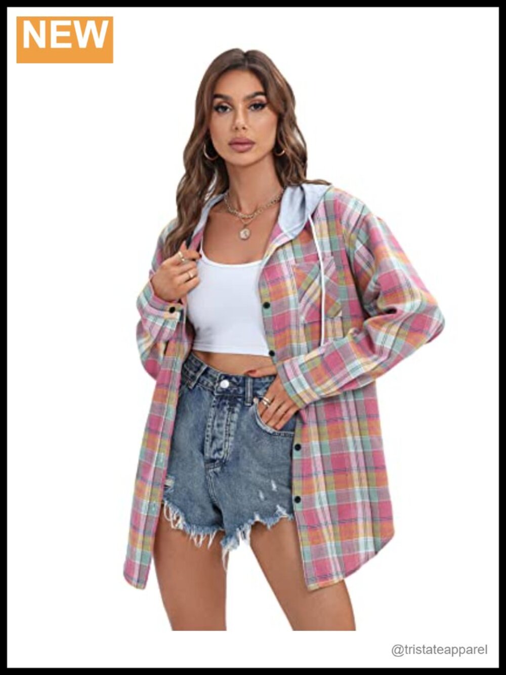 Women's Plaid Flannel Shacket Oversized Cotton Hoodie Button Down Long Sleeve